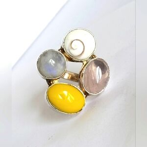 Vintage Boho Shiva Eye Banana Amber Pink Quartz Moonstone Sterling Silver Ring